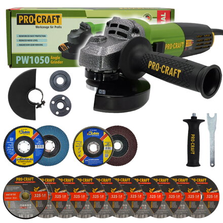 Uhlová brúska Procraft PW1050 + 10x rezací kotúč CD125x1,0 , 2x lamelový kotúč