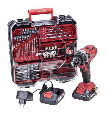 Skrutkovač Worcraft CD-S20LiWT ShareSYS, 20V Li-ion, 2x akumulátor 2.0 Ah, nabíjačka, set s príslušenstvom 74ks, v kufríku